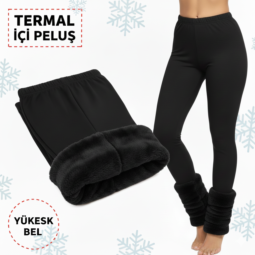 🔥 Yüksek Bel İçi Peluşlu Termal Tayt | Siyah Kışlık Sıcak Tutucu Kadın Taytı